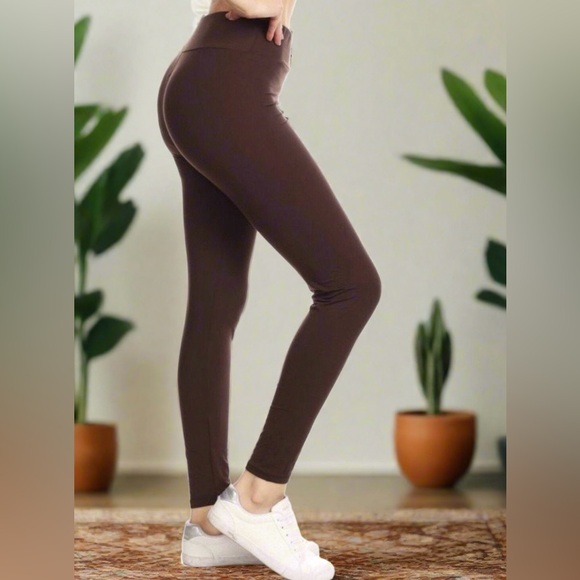 MomMe And More Pants - OS/Plus NEW Womens Solid Brown YOGA WAIST Leggings, Buttery Soft Yoga Pants